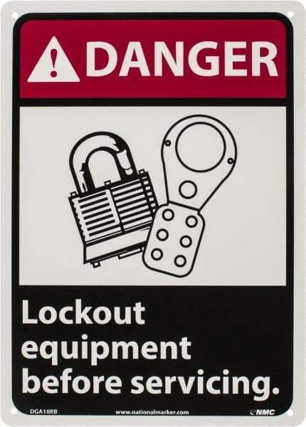 NMC - "Danger - Lock Out Equipment Before Servicing", 14" Long x 10" Wide, Rigid Plastic Safety Sign - Rectangle, 0.05" Thick, Use for Accident Prevention - All Tool & Supply