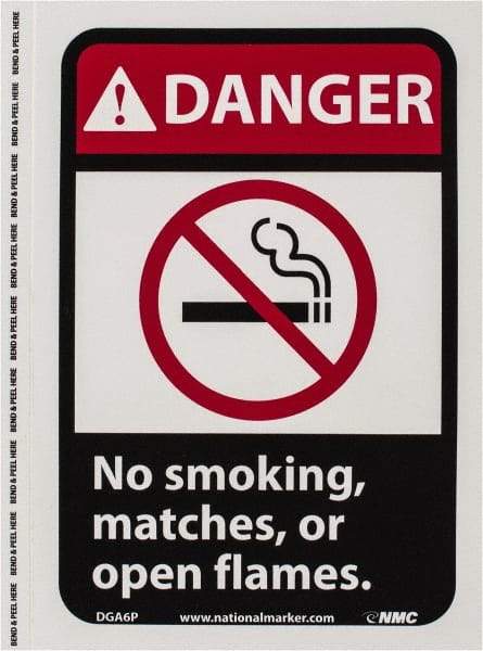 NMC - "Danger - No Smoking, Matches or Open Flames", 10" Long x 7" Wide, Pressure-Sensitive Vinyl Safety Sign - Rectangle, 0.004" Thick, Use for Accident Prevention - All Tool & Supply