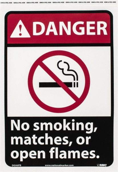 NMC - "Danger - No Smoking, Matches or Open Flames", 14" Long x 10" Wide, Pressure-Sensitive Vinyl Safety Sign - Rectangle, 0.004" Thick, Use for Accident Prevention - All Tool & Supply