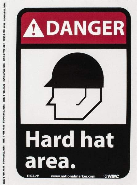 NMC - "Danger - Hard Hat Area", 10" Long x 7" Wide, Pressure-Sensitive Vinyl Safety Sign - Rectangle, 0.004" Thick, Use for Accident Prevention - All Tool & Supply