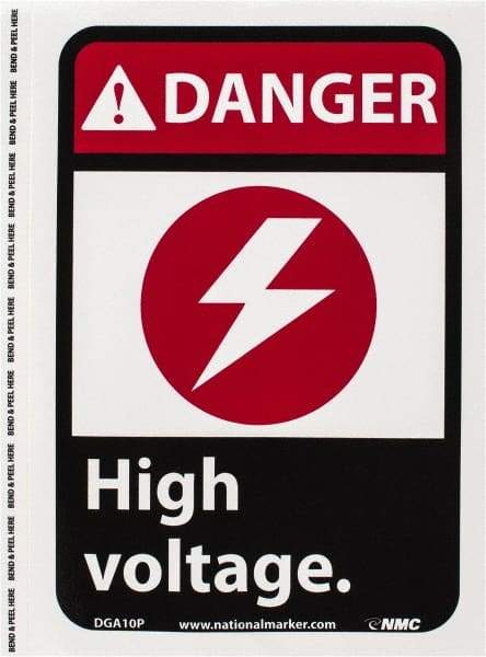 NMC - "Danger - High Voltage", 10" Long x 7" Wide, Pressure-Sensitive Vinyl Safety Sign - Rectangle, 0.004" Thick, Use for Accident Prevention - All Tool & Supply