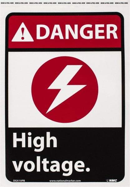 NMC - "Danger - High Voltage", 14" Long x 10" Wide, Pressure-Sensitive Vinyl Safety Sign - Rectangle, 0.004" Thick, Use for Accident Prevention - All Tool & Supply