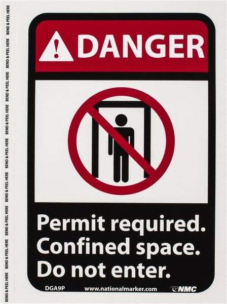 NMC - "Danger - Permit Required - Confined Space - Do Not Enter", 10" Long x 7" Wide, Pressure-Sensitive Vinyl Safety Sign - Rectangle, 0.004" Thick, Use for Accident Prevention - All Tool & Supply