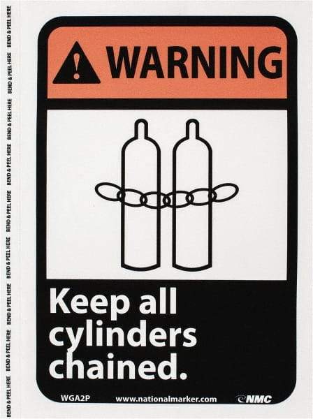 NMC - "Warning - Keep All Cylinders Chained", 10" Long x 7" Wide, Pressure-Sensitive Vinyl Safety Sign - Rectangle, 0.004" Thick, Use for Accident Prevention - All Tool & Supply