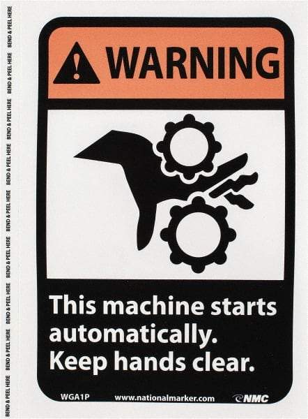 NMC - "Warning - This Machine Starts Automatically - Keep Hands Clear", 10" Long x 7" Wide, Pressure-Sensitive Vinyl Safety Sign - Rectangle, 0.004" Thick, Use for Accident Prevention - All Tool & Supply