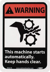 NMC - "Warning - This Machine Starts Automatically - Keep Hands Clear", 10" Long x 7" Wide, Rigid Plastic Safety Sign - Rectangle, 0.05" Thick, Use for Accident Prevention - All Tool & Supply