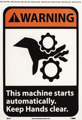 NMC - "Warning - This Machine Starts Automatically - Keep Hands Clear", 14" Long x 10" Wide, Pressure-Sensitive Vinyl Safety Sign - Rectangle, 0.004" Thick, Use for Accident Prevention - All Tool & Supply