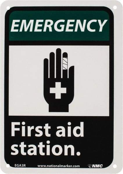 NMC - "Emergency - First Aid Station", 10" Long x 7" Wide, Rigid Plastic Safety Sign - Rectangle, 0.05" Thick, Use for First Aid - All Tool & Supply