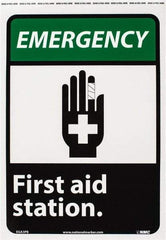 NMC - "Emergency - First Aid Station", 14" Long x 10" Wide, Pressure-Sensitive Vinyl Safety Sign - Rectangle, 0.004" Thick, Use for First Aid - All Tool & Supply