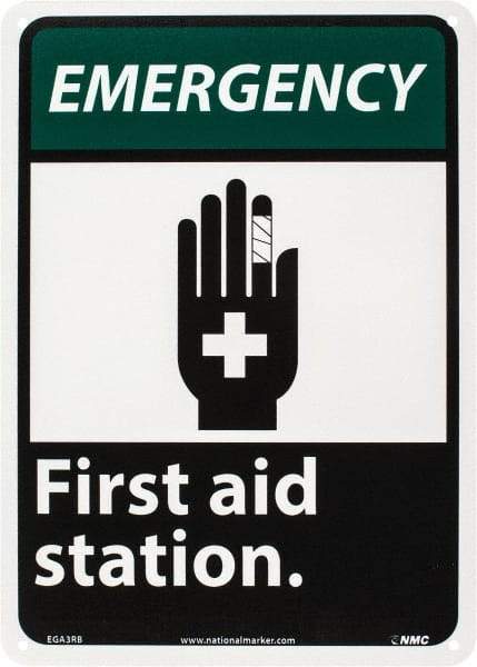 NMC - "Emergency - First Aid Station", 14" Long x 10" Wide, Rigid Plastic Safety Sign - Rectangle, 0.05" Thick, Use for First Aid - All Tool & Supply