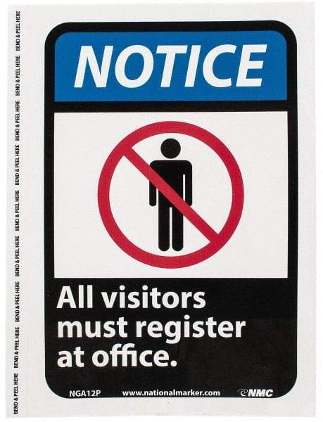 NMC - "Notice - All Visitors Must Register at Office", 10" Long x 7" Wide, Pressure-Sensitive Vinyl Safety Sign - Rectangle, 0.004" Thick, Use for Security & Admittance - All Tool & Supply