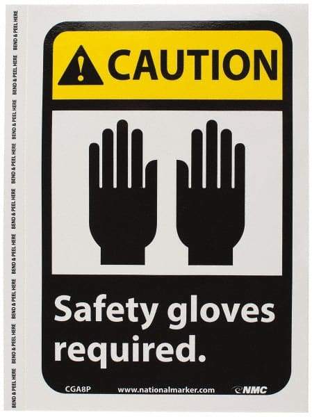 NMC - "Caution - Safety Gloves Required", 10" Long x 7" Wide, Pressure-Sensitive Vinyl Safety Sign - Rectangle, 0.004" Thick, Use for Accident Prevention - All Tool & Supply