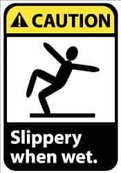 NMC - "Caution - Slippery When Wet", 10" Long x 7" Wide, Pressure-Sensitive Vinyl Safety Sign - Rectangle, 0.004" Thick, Use for Accident Prevention - All Tool & Supply