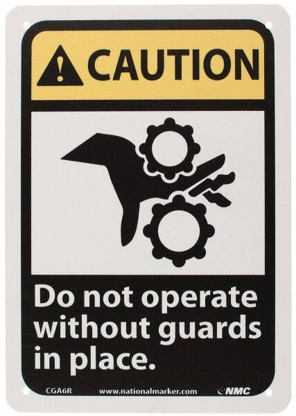 NMC - "Caution - Do Not Operate without Guards in Place", 10" Long x 7" Wide, Rigid Plastic Safety Sign - Rectangle, 0.05" Thick, Use for Accident Prevention - All Tool & Supply