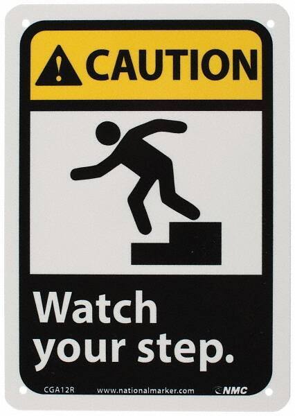 NMC - "Caution - Watch Your Step", 10" Long x 7" Wide, Rigid Plastic Safety Sign - Rectangle, 0.05" Thick, Use for Accident Prevention - All Tool & Supply