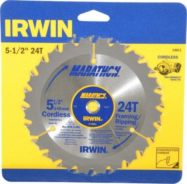 Irwin - 5-1/2" Diam, 10mm Arbor Hole Diam, 24 Tooth Wet & Dry Cut Saw Blade - Carbide-Tipped, Framing & Ripping Action, Standard Round Arbor - All Tool & Supply