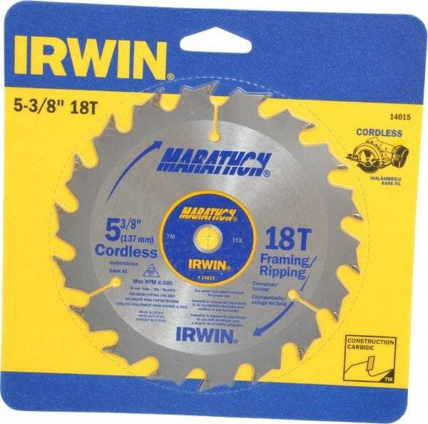 Irwin - 5-3/8" Diam, 10mm Arbor Hole Diam, 18 Tooth Wet & Dry Cut Saw Blade - Carbide-Tipped, Framing & Ripping Action, Standard Round Arbor - All Tool & Supply