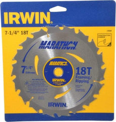 Irwin - 7-1/4" Diam, 5/8" Arbor Hole Diam, 18 Tooth Wet & Dry Cut Saw Blade - Carbide-Tipped, Framing & Ripping Action, Diamond Arbor - All Tool & Supply