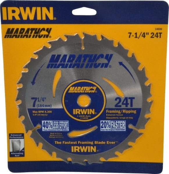 Irwin - 7-1/4" Diam, 5/8" Arbor Hole Diam, 24 Tooth Wet & Dry Cut Saw Blade - Carbide-Tipped, Framing & Ripping Action, Diamond Arbor - All Tool & Supply