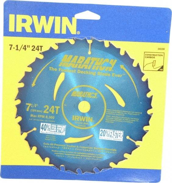 Irwin - 7-1/4" Diam, 5/8" Arbor Hole Diam, 24 Tooth Wet & Dry Cut Saw Blade - Carbide-Tipped, General Purpose Action, Diamond Arbor - All Tool & Supply