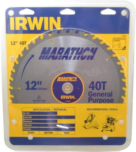 Irwin - 12" Diam, 1" Arbor Hole Diam, 40 Tooth Wet & Dry Cut Saw Blade - Carbide-Tipped, General Purpose Action, Standard Round Arbor - All Tool & Supply