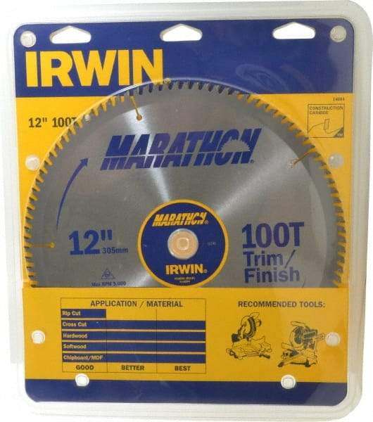 Irwin - 12" Diam, 1" Arbor Hole Diam, 100 Tooth Wet & Dry Cut Saw Blade - Carbide-Tipped, Finishing & Trimming Action, Standard Round Arbor - All Tool & Supply