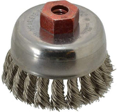 Anderson - 2-3/4" Diam, M10x1.50 Threaded Arbor, Stainless Steel Fill Cup Brush - 0.02 Wire Diam, 3/4" Trim Length, 14,000 Max RPM - All Tool & Supply