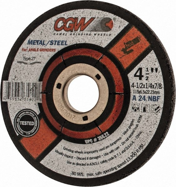 CGW Abrasives - 24 Grit, 4-1/2" Diam x 1/4" Thick x 7/8" Arbor, Type 27 Depressed Center Wheel - All Tool & Supply