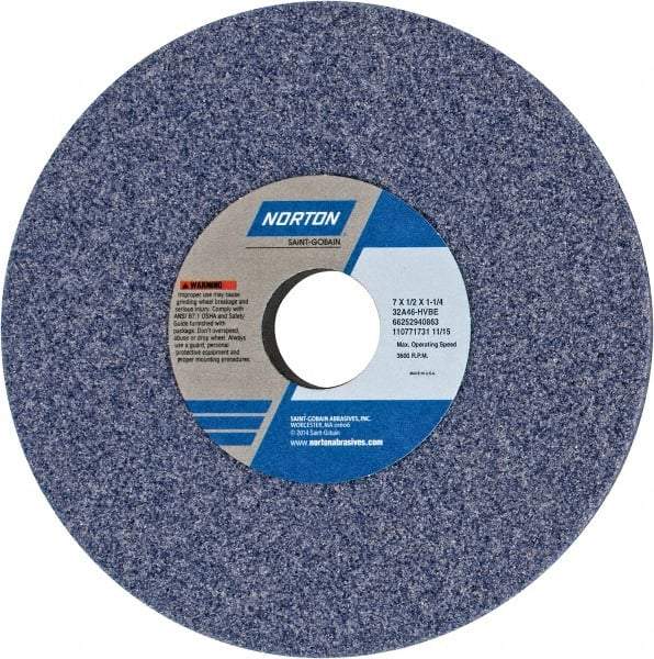 Norton - 7" Diam x 1-1/4" Hole x 1/2" Thick, H Hardness, 46 Grit Surface Grinding Wheel - Aluminum Oxide, Type 1, Coarse Grade, 3,600 Max RPM, Vitrified Bond, No Recess - All Tool & Supply