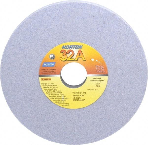 Norton - 7" Diam x 1-1/4" Hole x 1/2" Thick, J Hardness, 80 Grit Surface Grinding Wheel - Aluminum Oxide, Type 1, Medium Grade, 3,600 Max RPM, Vitrified Bond, No Recess - All Tool & Supply