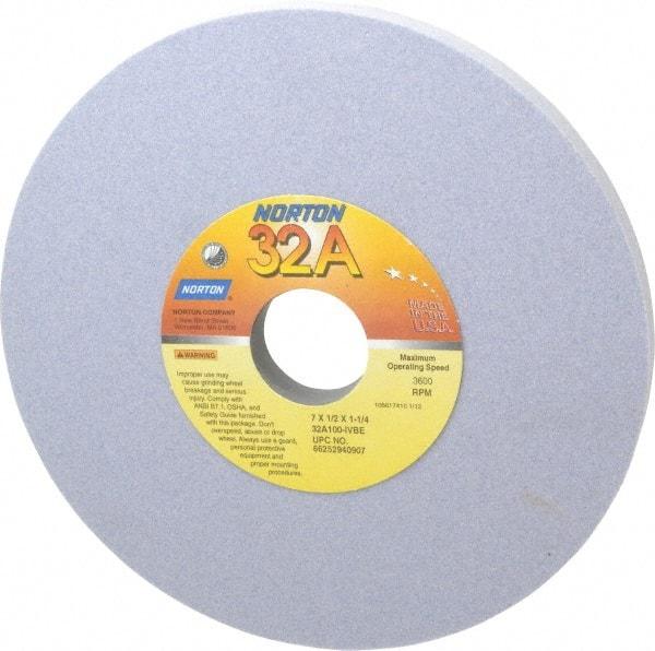 Norton - 7" Diam x 1-1/4" Hole x 1/2" Thick, I Hardness, 100 Grit Surface Grinding Wheel - Aluminum Oxide, Type 1, Fine Grade, 3,600 Max RPM, Vitrified Bond, No Recess - All Tool & Supply