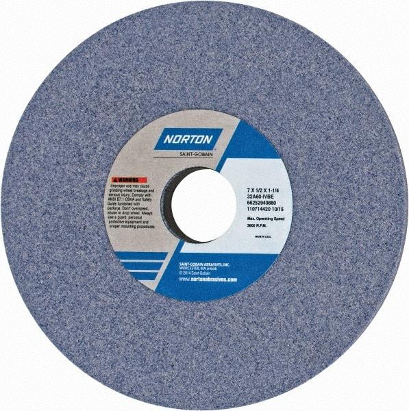 Norton - 7" Diam x 1-1/4" Hole x 1/2" Thick, I Hardness, 60 Grit Surface Grinding Wheel - Aluminum Oxide, Type 1, Medium Grade, 3,600 Max RPM, Vitrified Bond, No Recess - All Tool & Supply