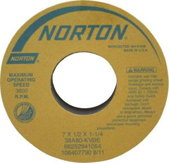 Norton - 7" Diam x 1-1/4" Hole x 1/2" Thick, K Hardness, 80 Grit Surface Grinding Wheel - Aluminum Oxide, Type 1, Medium Grade, 3,600 Max RPM, Vitrified Bond, No Recess - All Tool & Supply