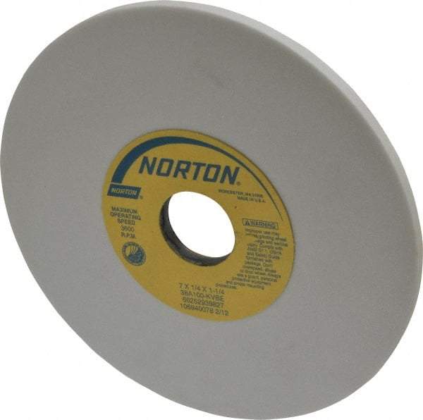 Norton - 7" Diam x 1-1/4" Hole x 1/4" Thick, K Hardness, 100 Grit Surface Grinding Wheel - Aluminum Oxide, Type 1, Fine Grade, 3,600 Max RPM, Vitrified Bond, No Recess - All Tool & Supply