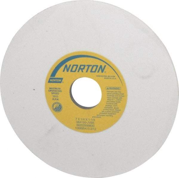 Norton - 7" Diam x 1-1/4" Hole x 1/4" Thick, J Hardness, 120 Grit Surface Grinding Wheel - Aluminum Oxide, Type 1, Fine Grade, 3,600 Max RPM, Vitrified Bond, No Recess - All Tool & Supply