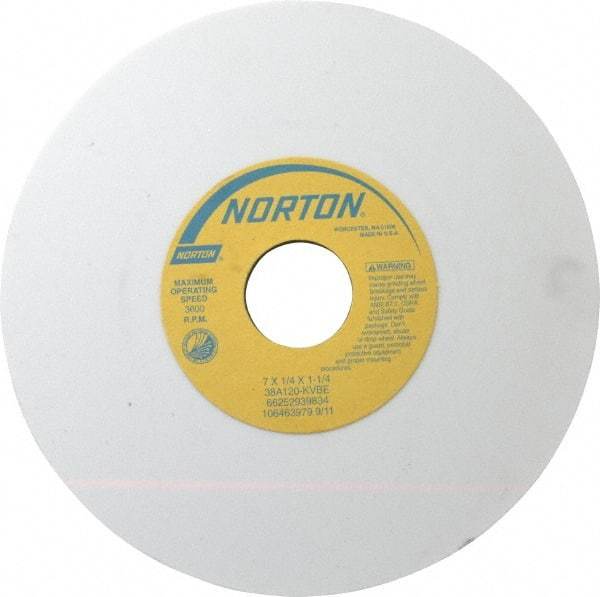 Norton - 7" Diam x 1-1/4" Hole x 1/4" Thick, K Hardness, 120 Grit Surface Grinding Wheel - Aluminum Oxide, Type 1, Fine Grade, 3,600 Max RPM, Vitrified Bond, No Recess - All Tool & Supply