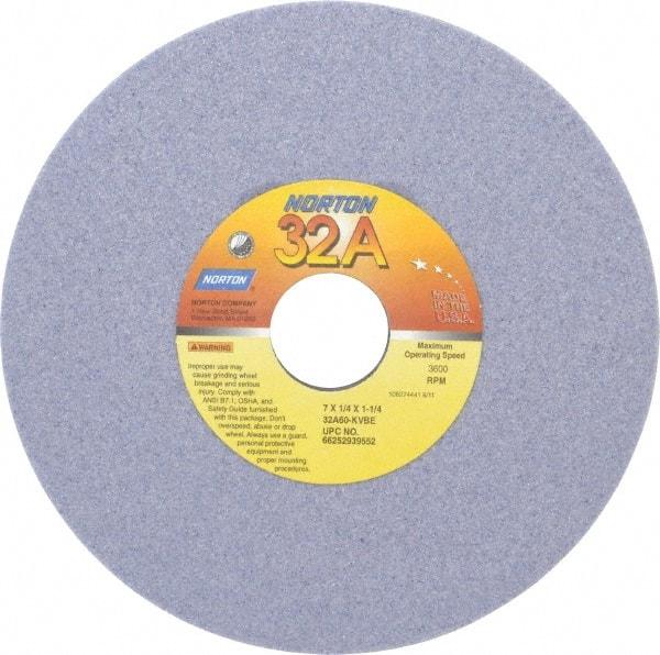 Norton - 7" Diam x 1-1/4" Hole x 1/4" Thick, K Hardness, 60 Grit Surface Grinding Wheel - Aluminum Oxide, Type 1, Medium Grade, 3,600 Max RPM, Vitrified Bond, No Recess - All Tool & Supply