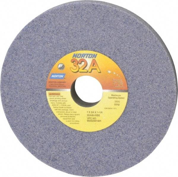 Norton - 7" Diam x 1-1/4" Hole x 3/4" Thick, I Hardness, 46 Grit Surface Grinding Wheel - Aluminum Oxide, Type 1, Coarse Grade, 3,600 Max RPM, Vitrified Bond, No Recess - All Tool & Supply