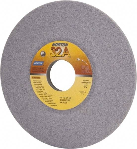 Norton - 6" Diam, 1-1/4" Hole Size, 1/2" Overall Thickness, 60 Grit, Type 12 Tool & Cutter Grinding Wheel - Medium Grade, Aluminum Oxide, K Hardness, Vitrified Bond, 4,140 RPM - All Tool & Supply