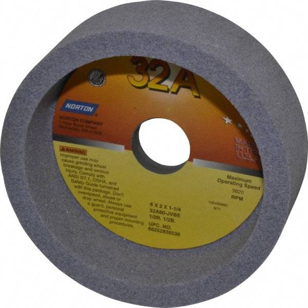 Norton - 6" Diam, 1-1/4" Hole Size, 2" Overall Thickness, 60 Grit, Type 6 Tool & Cutter Grinding Wheel - Medium Grade, Aluminum Oxide, J Hardness, Vitrified Bond, 3,820 RPM - All Tool & Supply