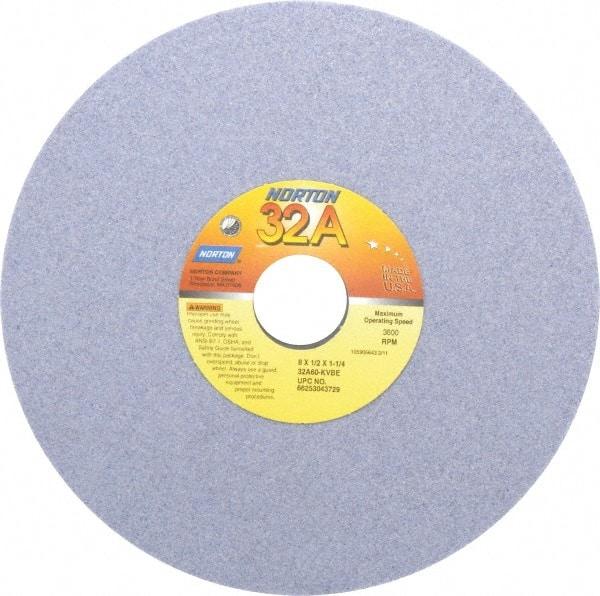 Norton - 8" Diam x 1-1/4" Hole x 1/2" Thick, K Hardness, 60 Grit Surface Grinding Wheel - Aluminum Oxide, Type 1, Medium Grade, 3,600 Max RPM, Vitrified Bond, No Recess - All Tool & Supply