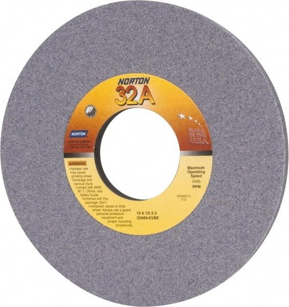 Norton - 10" Diam x 3" Hole x 1/2" Thick, K Hardness, 60 Grit Surface Grinding Wheel - Aluminum Oxide, Type 1, Medium Grade, 2,485 Max RPM, Vitrified Bond, No Recess - All Tool & Supply