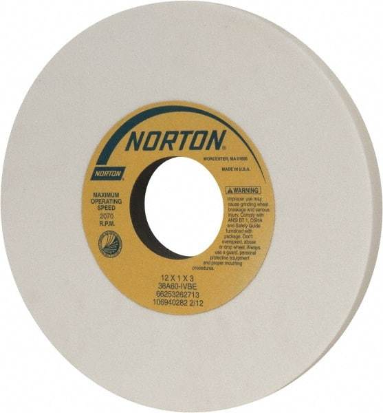 Norton - 12" Diam x 3" Hole x 1" Thick, I Hardness, 60 Grit Surface Grinding Wheel - Aluminum Oxide, Type 1, Medium Grade, 2,070 Max RPM, Vitrified Bond, No Recess - All Tool & Supply