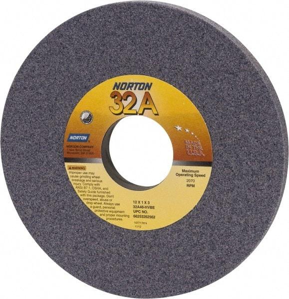 Norton - 12" Diam x 3" Hole x 1" Thick, H Hardness, 46 Grit Surface Grinding Wheel - Aluminum Oxide, Type 1, Coarse Grade, 2,070 Max RPM, Vitrified Bond, No Recess - All Tool & Supply