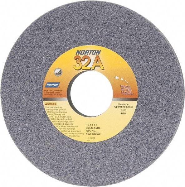 Norton - 12" Diam x 3" Hole x 1" Thick, K Hardness, 46 Grit Surface Grinding Wheel - Aluminum Oxide, Type 1, Coarse Grade, 2,070 Max RPM, Vitrified Bond, No Recess - All Tool & Supply