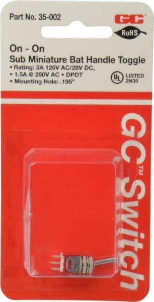 GC/Waldom - DPDT Sub Miniature On-On Toggle Switch - Solder Lug Terminal, Bat Handle Actuator, 125 VAC at 3 A & 250 VAC at 1.50 A - All Tool & Supply