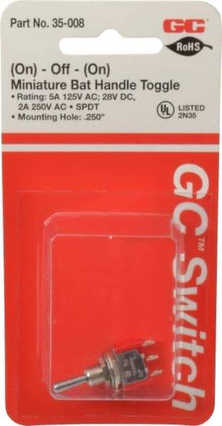 GC/Waldom - SPDT Miniature On-Off-On Toggle Switch - Solder Lug Terminal, Bat Handle Actuator, 125 VAC at 5 A & 250 VAC at 2 A - All Tool & Supply