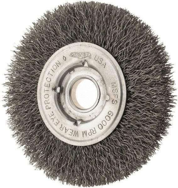 Osborn - 4" OD, 1/2 & 5/8" Arbor Hole, Crimped Steel Wheel Brush - 5/8" Face Width, 13/16" Trim Length, 0.0104" Filament Diam, 6,000 RPM - All Tool & Supply