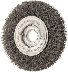 Osborn - 4" OD, 1/2 & 5/8" Arbor Hole, Crimped Steel Wheel Brush - 5/8" Face Width, 13/16" Trim Length, 0.0104" Filament Diam, 6,000 RPM - All Tool & Supply