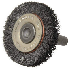 Osborn - 1-1/2" OD, 1/4" Shank Diam, Crimped Steel Wheel Brush - 3/8" Face Width, 9/32" Trim Length, 0.008" Filament Diam, 25,000 RPM - All Tool & Supply